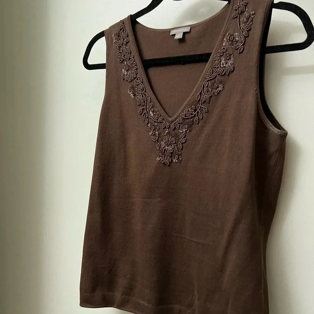 Ann Taylor brown beaded v-neck sweater silk-blend sleeveless top medium - Picture 12 of 17